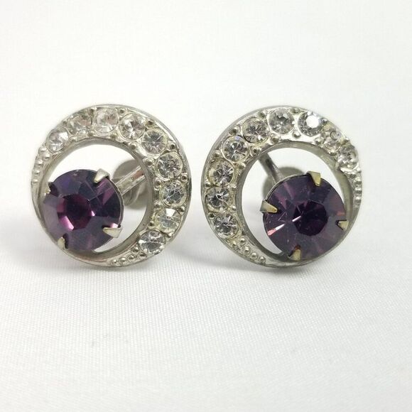 Vintage Crescent Moon / Eye Shape Clip On Earrings Purple Rhinestone Silver Tone - Picture 5 of 6